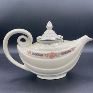 Vtg Hall BLUE BOUQUET Aladdin TEAPOT & LID w/ Platinum Trip and Uranium Glaze